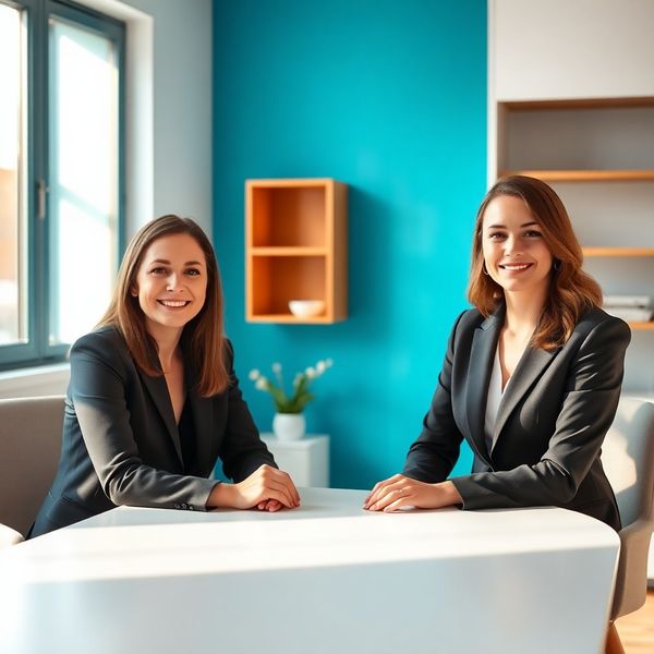 Doi profesioniști în ținută business la masa de consultanță, cu perete în tonuri azurii